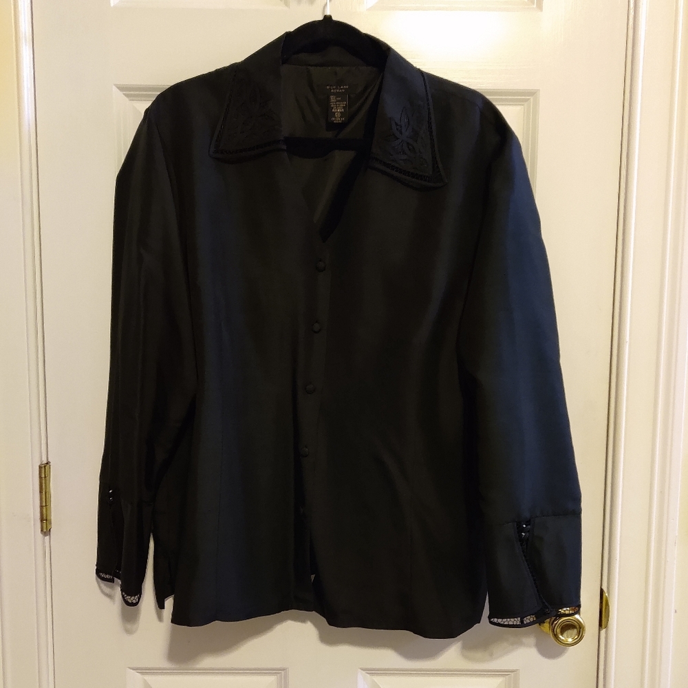 Vintage Silk Land Black Button Down Collared Long Sleeve Blouse Jacket Size 2X